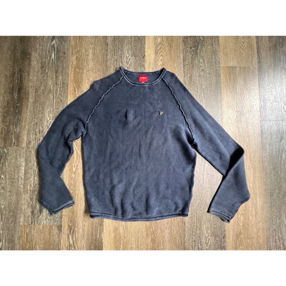 Guess Thermal Sweater Mens XL Blue Long Sleeve Exposed Seam Distressed Knit Top